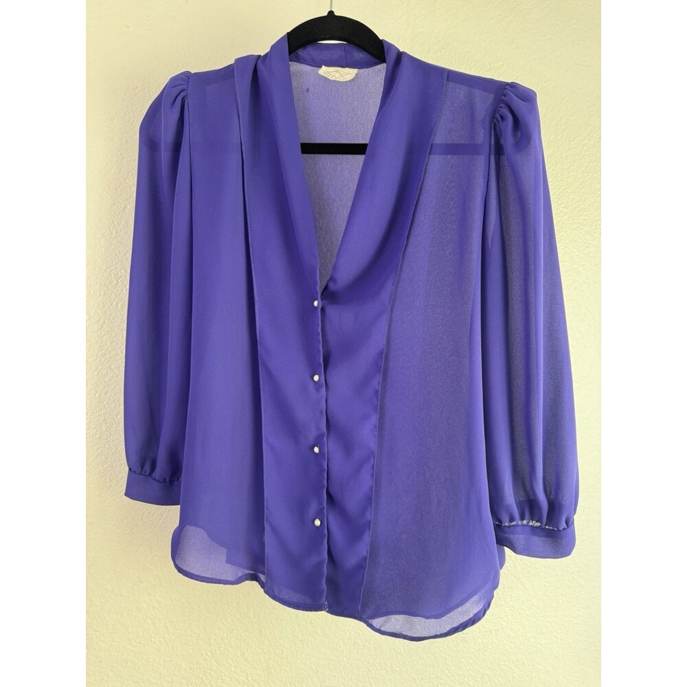 Sophicticated Blue Button Up Blouse Chiffon Shear Fabric Vintage At Once